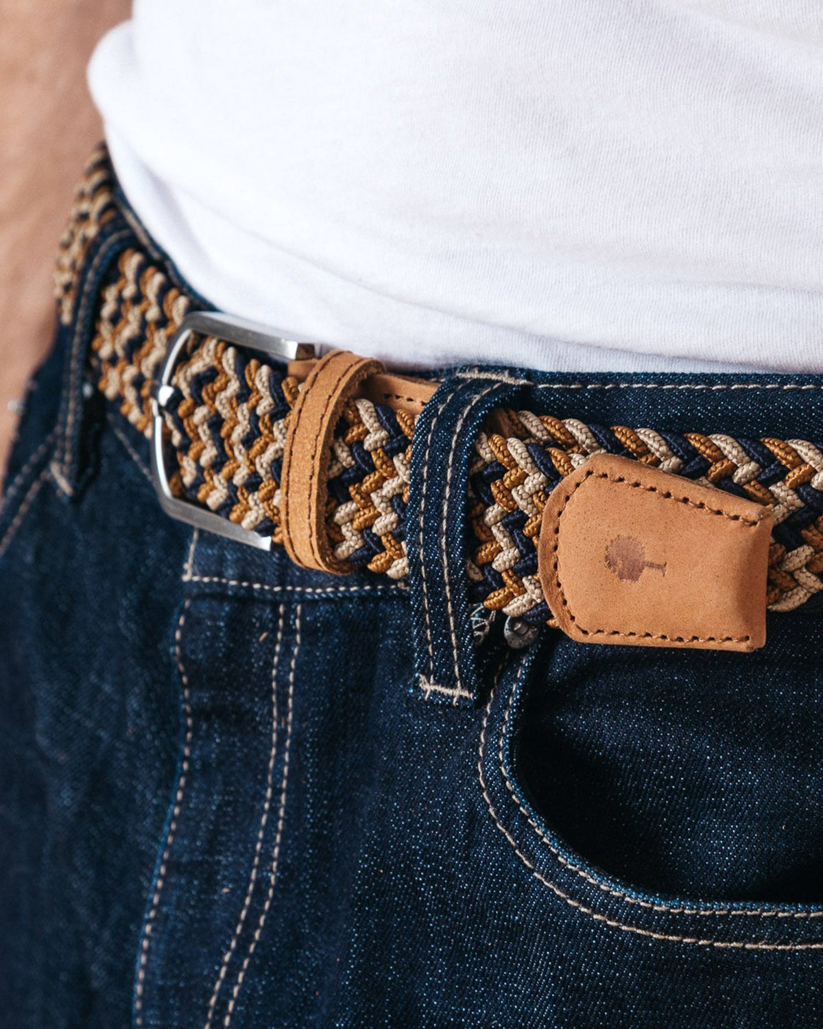 Ceinture tressée bleu marine et beige - 1
