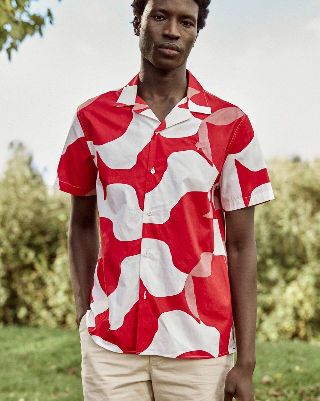 Chemise manches courtes rouge & crème coton - 1