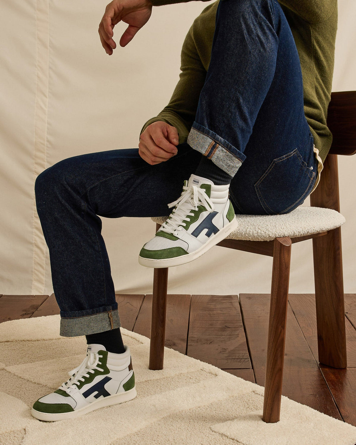 Baskets montantes cuir blanc et kaki - 2